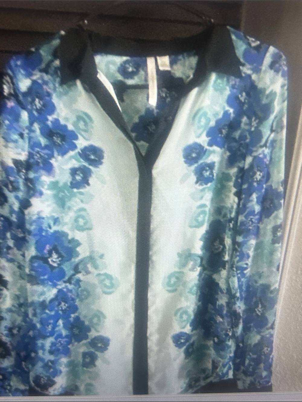 LC Lauren Conrad Blue and Aqua Floral Blouse with Black Trim